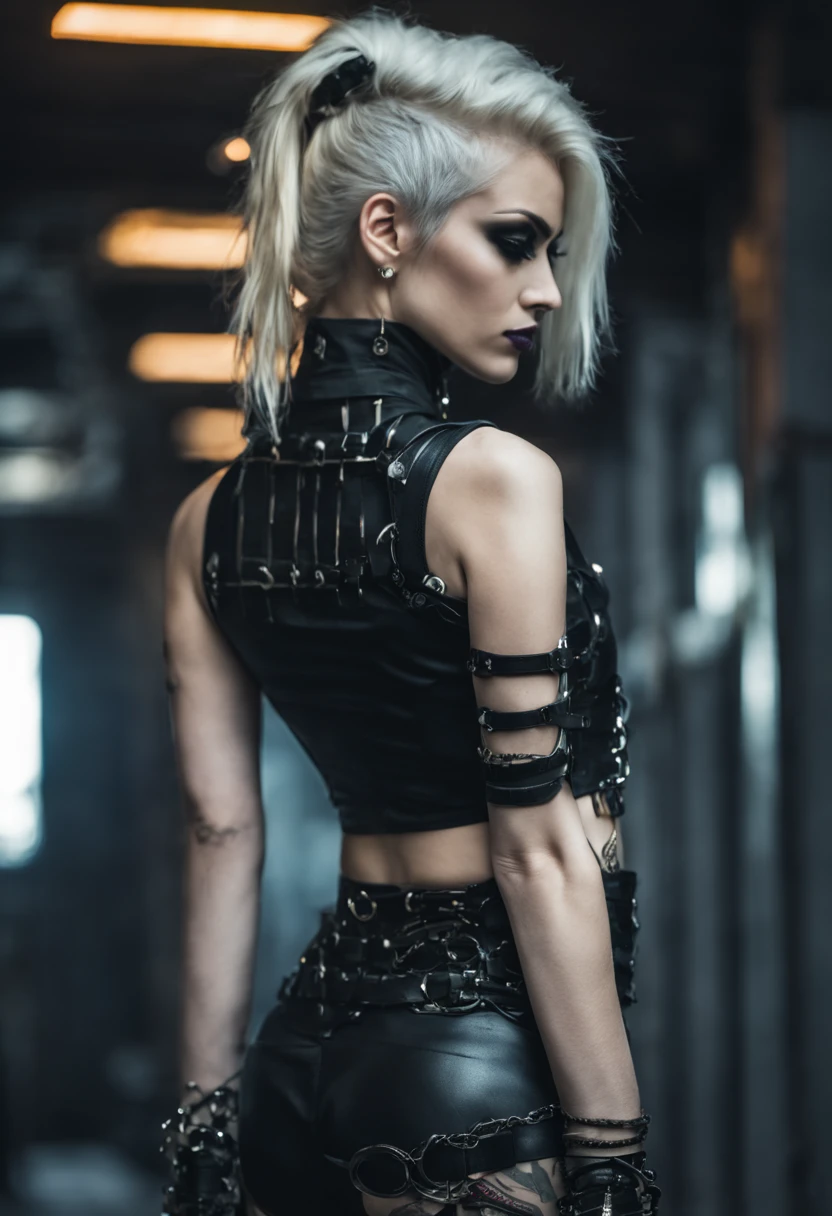 back shot, close-up photo of a woman in black open femdom clothes, full body shot, edgy and bold hairstyle, blond hair, crop top, hotpants, Metal jewelry, Dynamic posture, handsome body, slim figure, small breasts, seductive cyberpunk dark fantasy, Sensual, Gloomy style, dark fantasy mixed with realism, goth girl, dominatrix in play, femdom in play, mistress, seductive, very beautiful goth top model, gothic horror vibes, The Queen of Dark Gothic, Gothic atmosphere, goth woman, Awesome and gloomy, ornamental gothic - cyberpunk, Gothic - Cyberpunk,