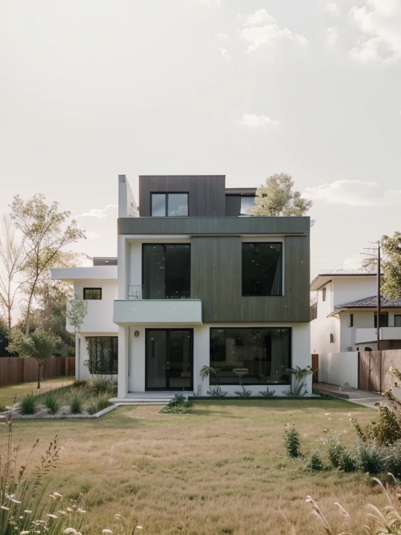 (best quality,photo-realistic:1.2),modern minimalism house,all white paint wall,full frame glass windows and doors,green grass garden,green trees,portraits,ultra-detailed,studio lighting,vivid colors,sharp focus,physically-based rendering