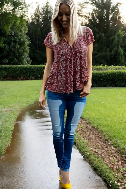 tall blonde woman with long legs, blue eyes, messy bob hair, tight blouse, skinny jeans, high heels, show heels, inviting smile, peeing self, legs soaked with pee, shins soaked with pee, shoes filled with pee, standing in puddle of pee