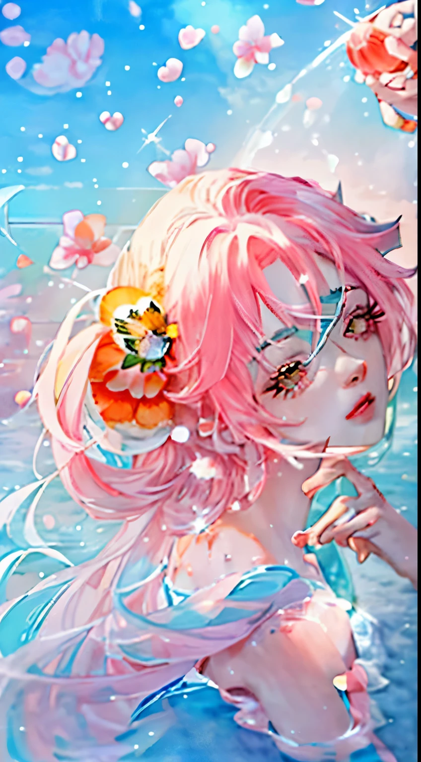 Peaches,Cut Peaches,Pink,water, ,Bubbles,hyper-realistic water,Mint leaves, colorful, sky blue,in the style of nightcore, lorenz hideyoshi, eiichiro oda, colorful animation stills, sparkling water reflections, colorful drawings, azure and aquamarine ,Bright, Closeup-View, Top-View,FHD, 1080P,2K, 4K,8K, Ultra-high Definition