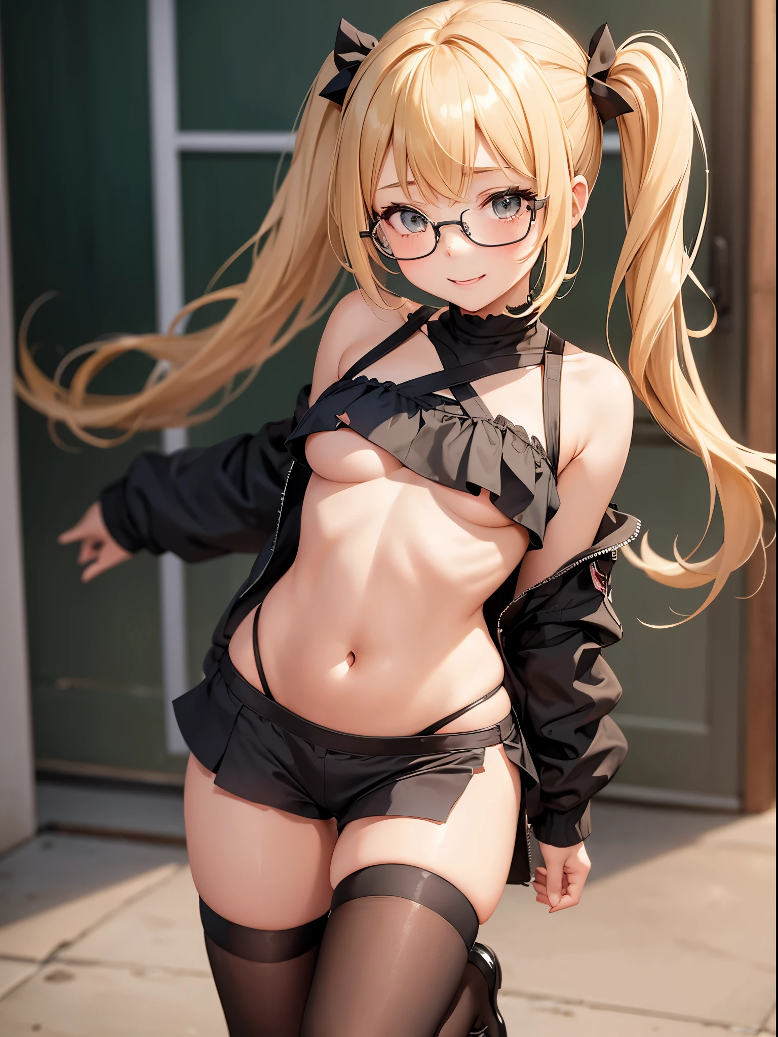 1 girl, in public, embarrassed, bangs, body, 13 year old girl, blonde hair side ponytail, sensual cleavage, sensual mouth, round breasts, ass facing the viewer, back to the screen, smile, tight, micro shorts 1.4, Ultra HD, 4k image, glasses, character close to the camera, tight shorts, shorts showing crotch, low-cut shorts, shorts with open fly, V-shaped panties, visible lower part of the breasts, visible belly, short mini skirt, micro skirt, skirt small and torn, tight skirt
