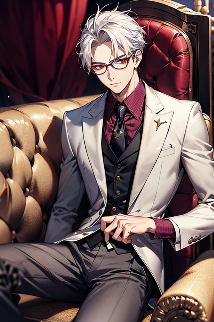 Depiction in motion、T hotel masterpiece，best qualtiy，1 male，As-，With short white hair，The shirt, seminude、anime handsome guy,Wearing a strict business suit, Dark suit, Handsome anime pose in suit and tie, Handsome stunning realistic,Red eyes、Adonis、Dressed in a suit、Straight face、A detailed face、Classic、Arrogant man、top grade、Center division、Forehead、A sexy、Sit on a luxury sofa、eye glasses