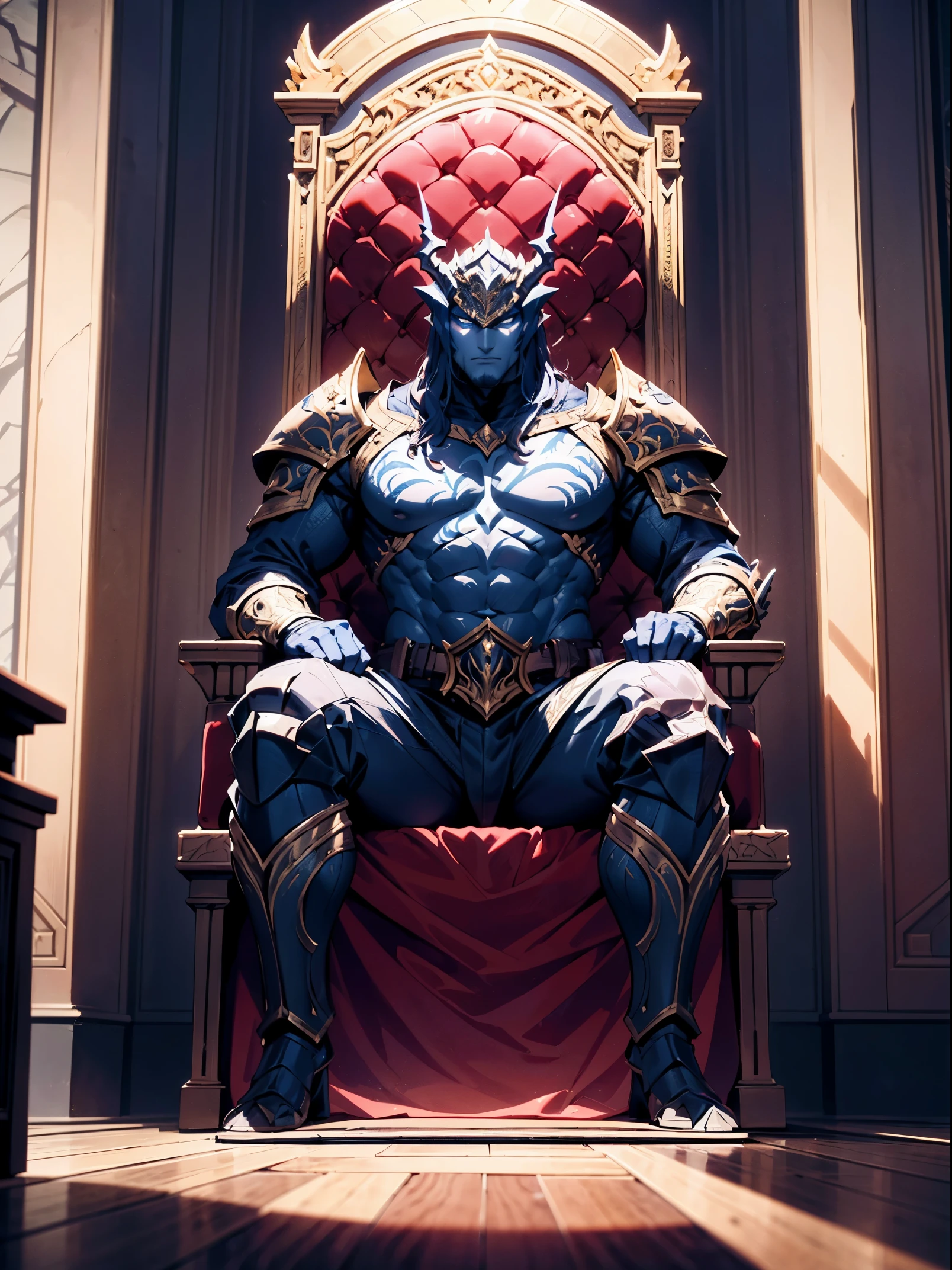 Create a captivating visual narrative in the League of Legends art style, featuring a formidable figure adorned in meticulously detailed dragon knight armor. This imposing character should be seated upon a regal throne, surrounded by an atmosphere that exudes majesty and power. In their right hand, sculpt a majestic dragon sword, intricately designed with ornate details, while their left hand firmly holds a formidable dragon shield. The throne room should be adorned with symbolic dragon motifs, and the lighting should enhance the overall grandeur of the scene, casting dramatic shadows to add depth and intensity. Incorporate rich textures and vibrant colors that align with the iconic League of Legends aesthetic, ensuring each element harmoniously contributes to the overall visual impact. Consider the character's expression, posture, and surroundings to convey a sense of authority and awe. Let the image tell a story, immersing the viewer in a world where the dragon knight reigns supreme.
