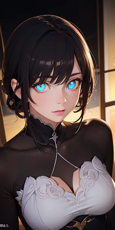 baby face, small breasts, short black hair,messy hair, (photorealistic:1.4), (masterpiece, sidelights, exquisite beautiful eyes: 1.5), masterpiece*portrait, realistic, 3D face,kawaii face,from above: 1.5、 (glowing eyes:1.5),(tareme:1.5)、Rosy Mouth,Slim Body, shiny hair, shiny skin: 1.5、large breasts:1.3,solo,()、(Black bikini)、(charactor focus:1.5、portrait:1.5)、upper body,in beach