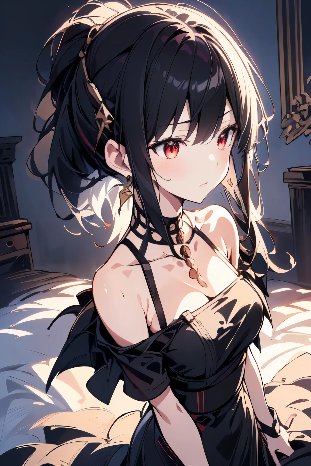 (Masterpiece:1.2, high quality), (pixiv:1.4), (1girl:1.2), (solo:1.2), (smooth:1.2), (Yor forger), (confident), slightly blushing, glossy lips, red eyes, black eyeshadow, pale white skin, black hair, bangs, bangs over eyes, collarbone, off-shoulder long frock, black clothing, slightly exposed cleavage, (medium breasts:1.2), (pov thighs), view feom below, looking away, slim waist, ultra detailed, soft lighting, high contrast, blur, highly focused face, (detailed face), intrinsic details, vivid colors, HD, 4k, artistic background, background wall with black and white stripes