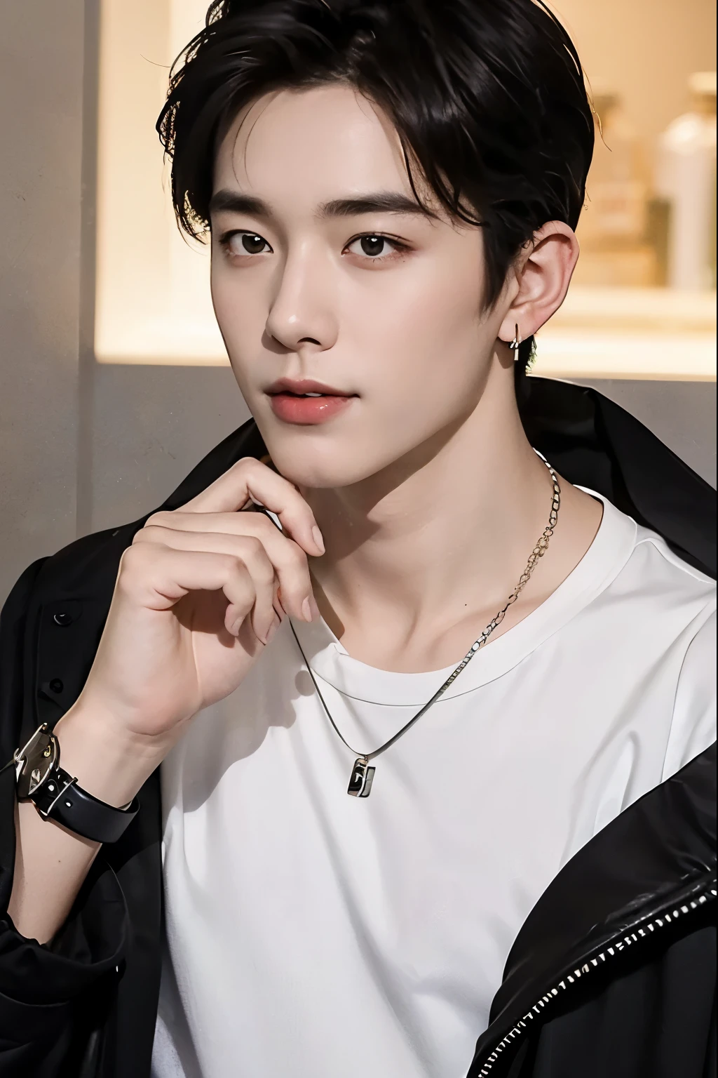 ((Best Quality, 8K, masterpiece: 1.3))、Cool Korean man, １20 year old man、Korean style long hair、Sturdy face、Handsome nose、Detailed eyes and face、Beautiful lighting、(studio)、High Resolution、 （visible to the audience）、mouth details、Thin Mouth、,Sorrisos、whole body: 1.5, perfect body figure: 1.picture of both shoulders:1.3, Wearing a White T-shirt and a casual Black coat:1.5, Accessories : (men's earrings, necklaces, men's rings, men's watches)