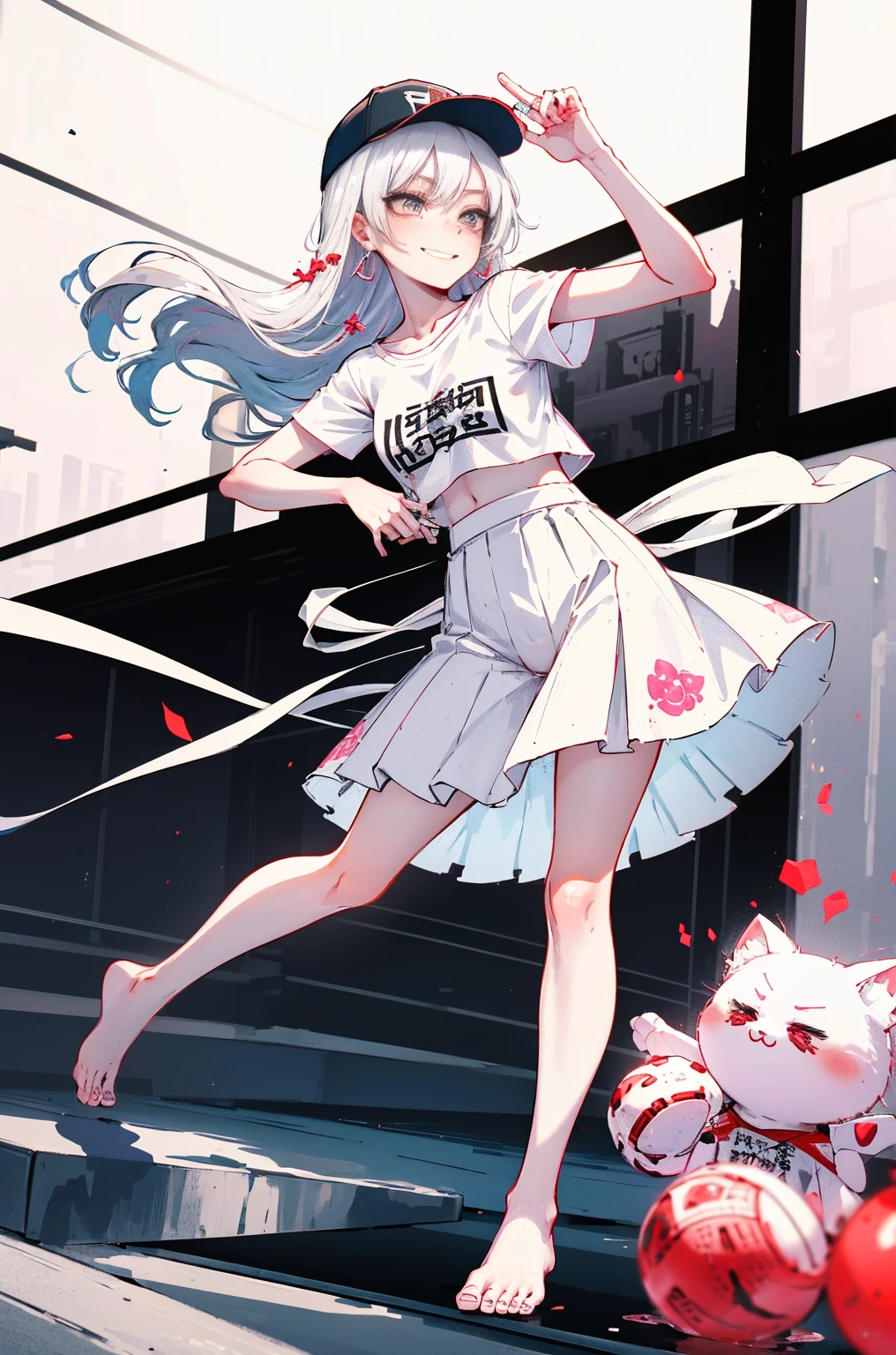 Hyper-Resolution,
(realisticlying:1.3),
(1 Slim girl), Fashionab女孩, Fashionab,
Young face, Be red in the face, (lusty smile),
(Slim) upper legs,
baseball cap, T-shirt with missing earrings), (Loose cargo pants),
Intaglio printing,
On stage,fully body photo,The barefoot,emo girl, kawaii, silber hair, Angelic, angel ring, lock,, The white花, The white, pure white, silvery white