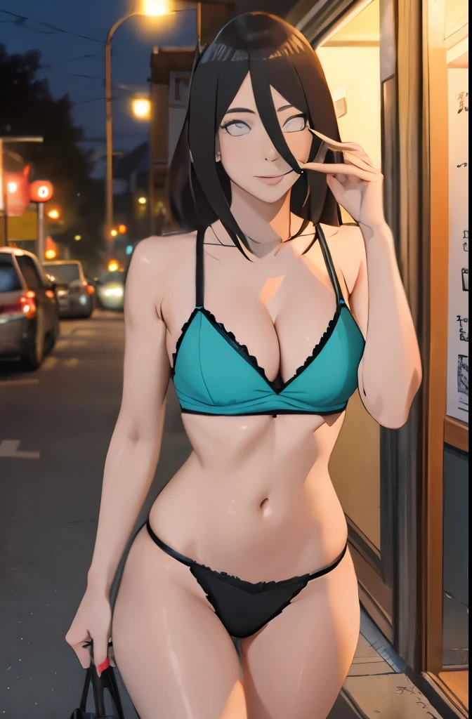 Obra maestra hanabi hiuga cuerpo completo caminando por la calle de noche usando ropa sexy pecho mediano piernas delgadas  cuerpo delgado