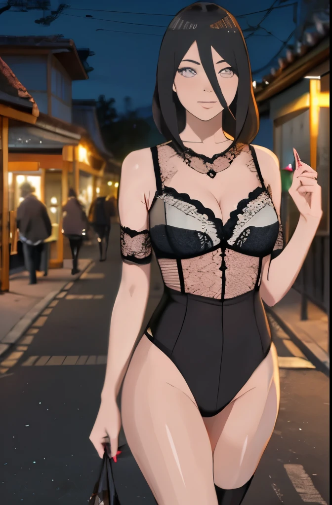 Obra maestra hanabi hiuga cuerpo completo caminando por la calle de noche usando ropa sexy pecho mediano piernas delgadas cuerpo delgado