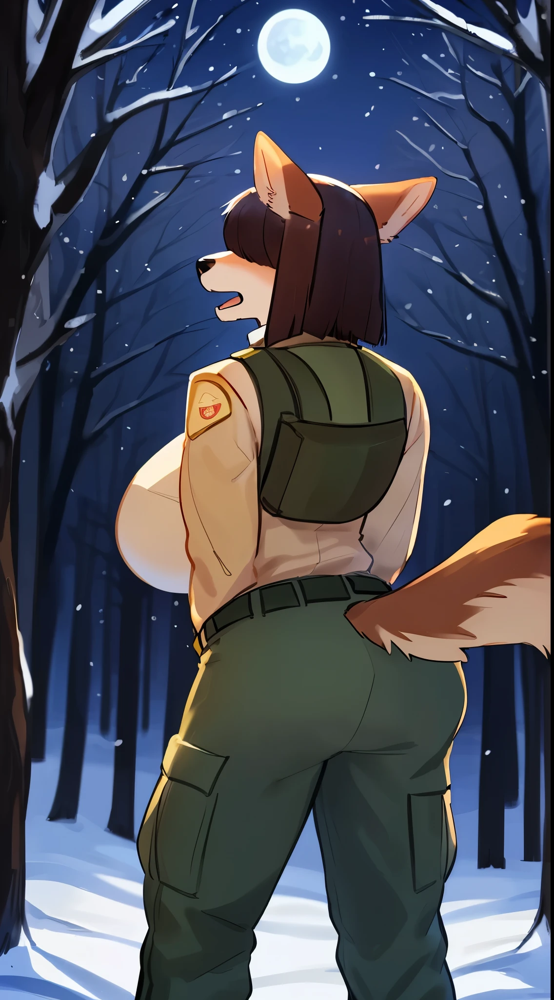 By bebebebebe, by lostgoose, by goonie-san, female, ((canine, snout, hair covering eyes, straight hair, medium hair, flat hair, ears, thin snout)), brown fur, big poofy tail, raised tail, dark maroon hair, (muscular, big breasts), solo, scared, open mouth, bent over, view from behind, view of ass, focus on ass, (park ranger uniform, tan uniform, green cargo pants), forest, snow, snowing, night time, moon