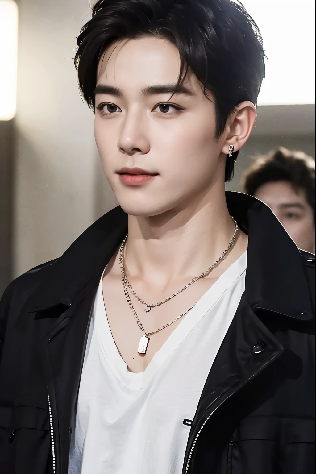 ((Best Quality, 8K, masterpiece: 1.3))、Cool Korean man, 120 year old man、Korean style long hair、Sturdy face、Handsome nose、Detailed eyes and face、Beautiful lighting、(studio)、High Resolution、 (visible to the audience)、mouth details、Thin Mouth、,Sorrisos、whole body: 1.5, perfect body figure: 1.picture of both shoulders:1.3, Wearing a White T-shirt and a casual Black coat:1.5, Accessories : (men's earrings, necklaces, men's rings, men's watches)