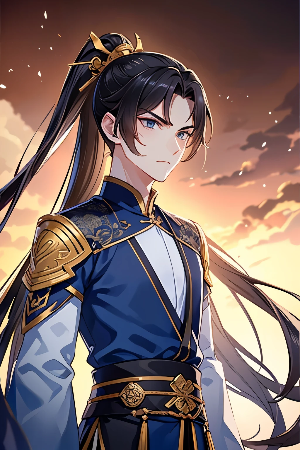 Best quality，tmasterpiece，16k,a boy holding a sword，Fighting posture，blue clothes，Hanfu，Long hair and high ponytail，natta，rays of moonlight，Asian architecture，Elaborate Eyes，scowling，worry，xianxia，Upper part of the body，Chinese-style clothes，