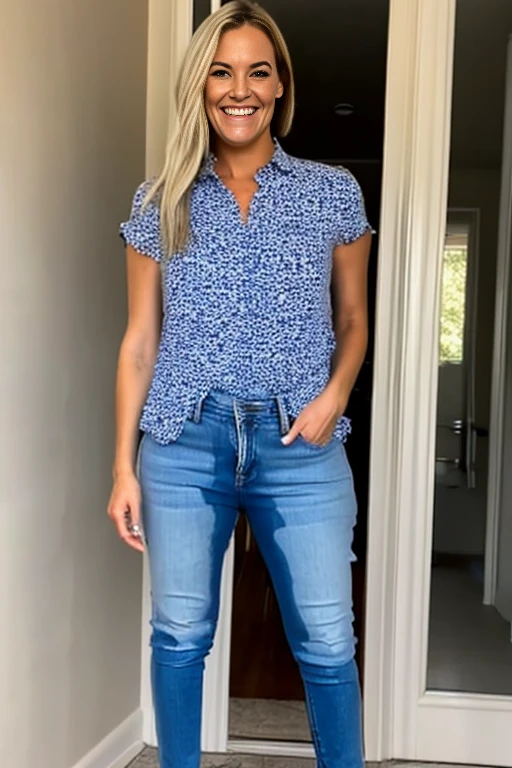 tall blonde woman with long legs, blue eyes, messy bob hair, tight blouse skinny jeans, high heels, show heels, inviting smile, peeing self