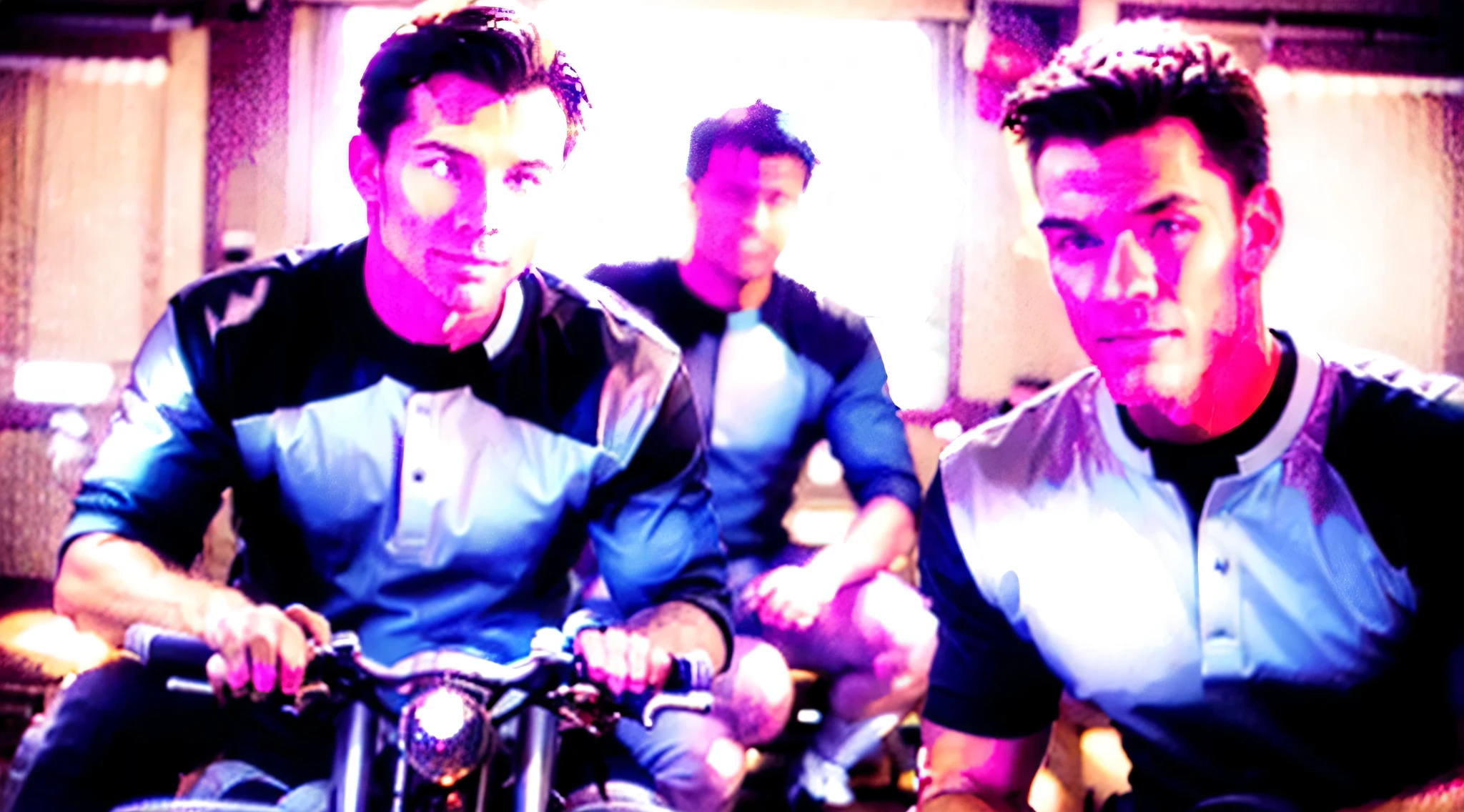 Two handsome men are riding motorbikes in a housing complex, best quality, realistic, real 16:9