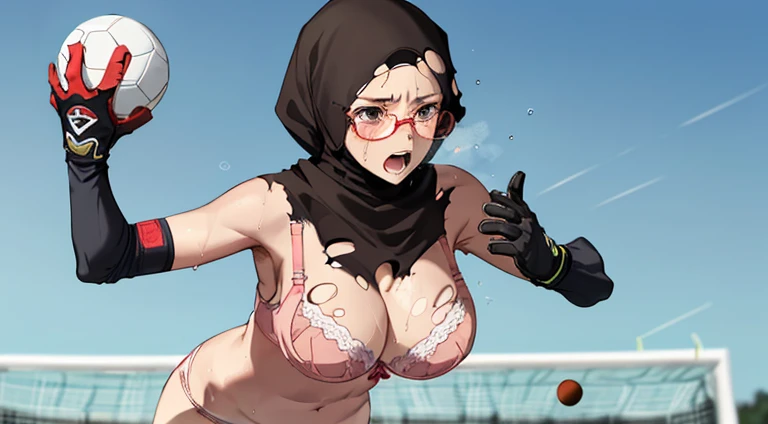 (((1woman))),(((solo woman))), Photo of a indonesian female teacher with saggy breasts, ((((diving catch the ball)))) in the middle of(soccer field), 40yo,busty body, tall body, tanned skin, dimples, light, detailed face, embarrassed face, ((looking disgusted)), ((very angry)), (dissapointed), ((hands up)), Perfect breasts, big breasts, natural breasts, big nipples, G cup, (((brown hijab))),(((glasses))), (nude), (((torn_bra:1.2))), (((cotton panties))), (((goalkeeper gloves))), (sweat:1), (wet)