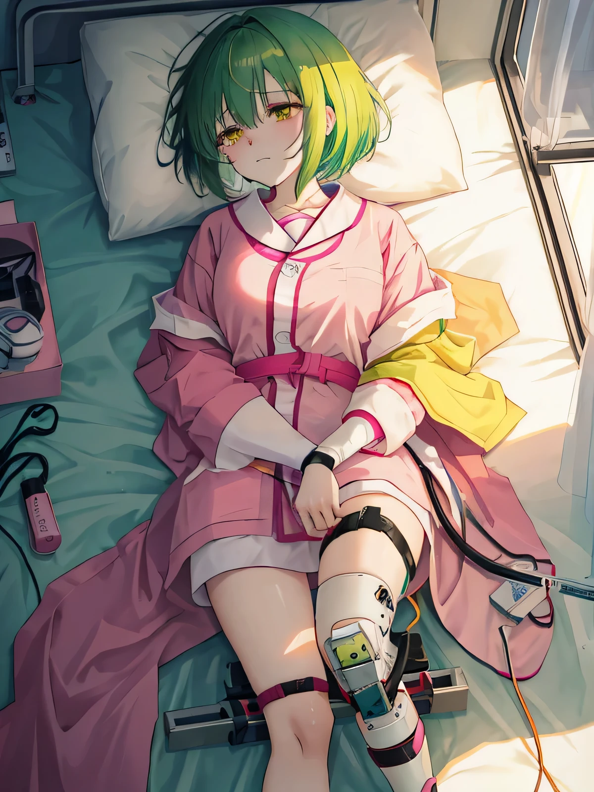 anime character laying in bed with a cast on her leg, crying, 1girl, supine on hospital bed with splint on legs, procumbent, sleeping, Tibial Fracture Brace on both legs, patient, short green hair styled into a bob, yellow eyes, pale skin, wearing hospital pink gown, Sunset from the window,