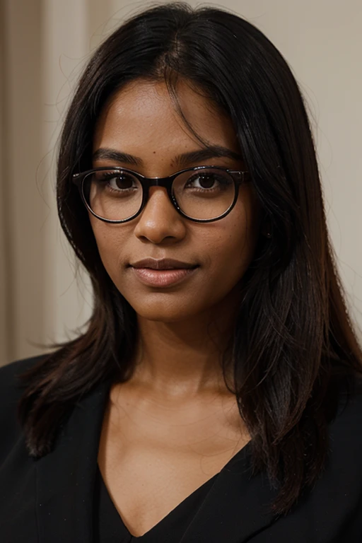 formal photo of woman with brown skin and straight black hair wearing glasses