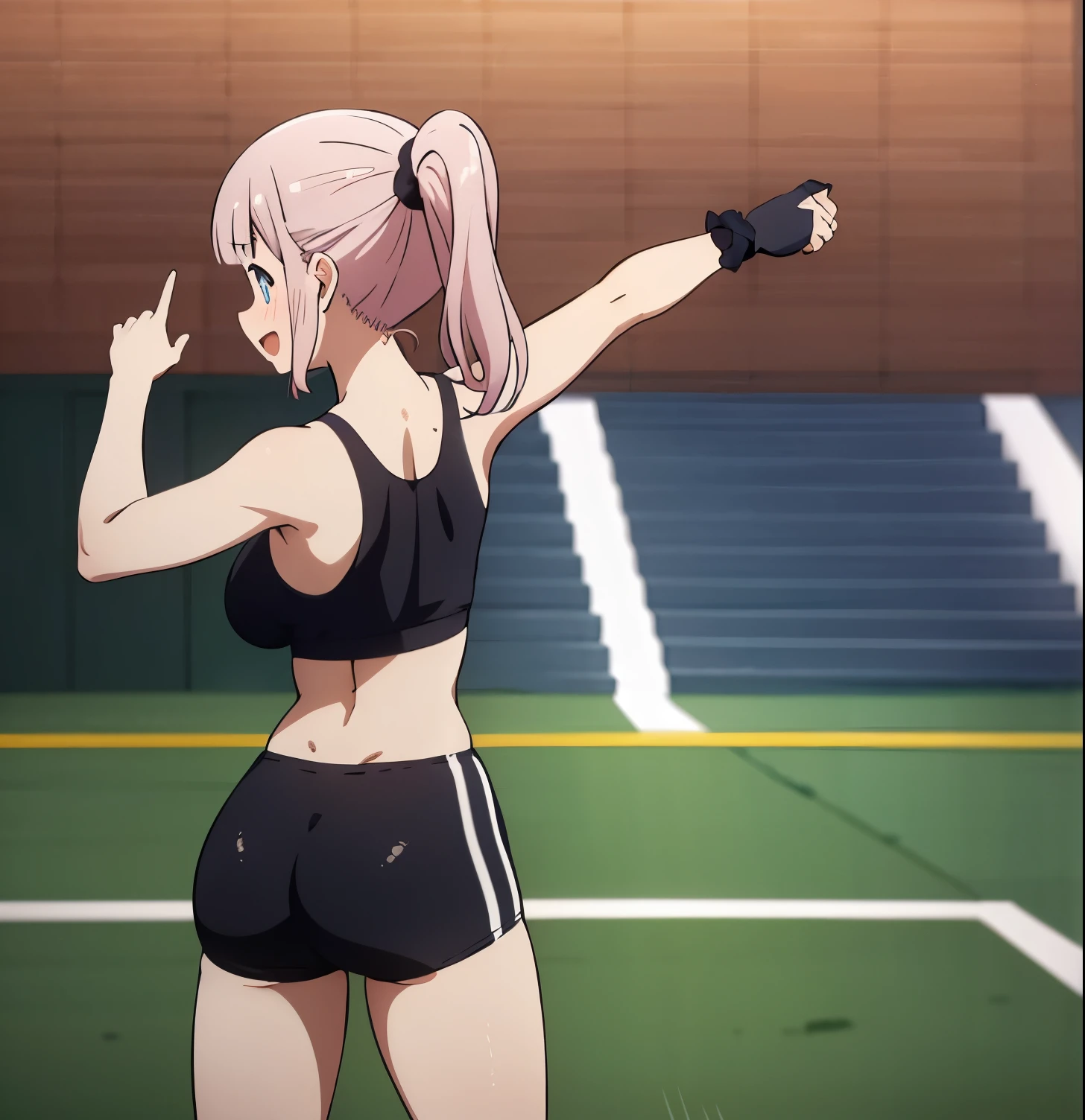 masterpiece, best quality, highres,  1girl,alone, fujiwara chika,black bow,  blunt bangs,sidelocks, high ponytail,scrunchie,   neck ribbon, large breasts,sports bra, yoga pants, cleavage,  cowboy shot, standing,from behind, ass,  :d, smile,blush, gym,thumbs up,blues eyes