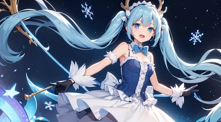 1girl,antlers,bare shoulders,beamed eighth notes,black gloves,blue dress,blue eyes,blue hair,blue headwear,bow,bowtie,christmas tree,cowboy shot,dress,eighth note,fortissimo,frilled dress,frills,fur-trimmed dress,fur trim,gloves,glowing,hair ornament,holding,holding stick,illumination,layered dress,light blue hair,long hair,looking at viewer,musical note,musical note hair ornament,night,open mouth,outstretched arms,signature,smile,snowflake print,solo,stick,treble clef,twig,twintails,very long hair