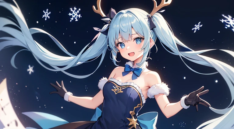 1girl,antlers,bare shoulders,beamed eighth notes,black gloves,blue dress,blue eyes,blue hair,blue headwear,bow,bowtie,christmas tree,cowboy shot,dress,eighth note,fortissimo,frilled dress,frills,fur-trimmed dress,fur trim,gloves,glowing,hair ornament,holding,holding stick,illumination,layered dress,light blue hair,long hair,looking at viewer,musical note,musical note hair ornament,night,open mouth,outstretched arms,signature,smile,snowflake print,solo,stick,treble clef,twig,twintails,very long hair