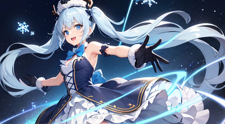 1girl,antlers,bare shoulders,beamed eighth notes,black gloves,blue dress,blue eyes,blue hair,blue headwear,bow,bowtie,christmas tree,cowboy shot,dress,eighth note,fortissimo,frilled dress,frills,fur-trimmed dress,fur trim,gloves,glowing,hair ornament,holding,holding stick,illumination,layered dress,light blue hair,long hair,looking at viewer,musical note,musical note hair ornament,night,open mouth,outstretched arms,signature,smile,snowflake print,solo,stick,treble clef,twig,twintails,very long hair