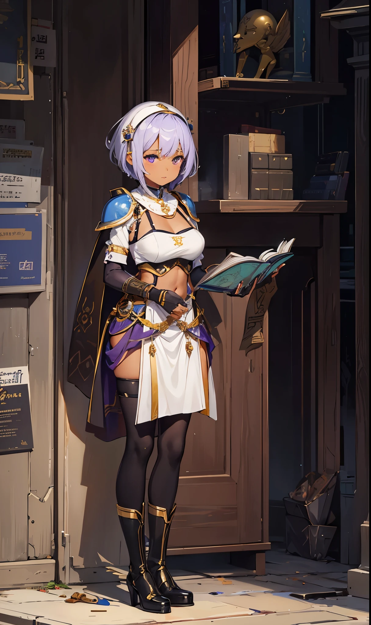 (sat on the ground：2.0)，legs separated，with brown skin，closeup cleavage, The world of dreams, relic, 废墟, ,with brown skin的女孩 , Wearing a loose white headscarf，Egyptian girl， with brown skin, Short hair details，She wears a tight battle suit and bikini armor,Short white clothes skin color, a purple eye, black hair color hair, Short hair details, black suspenders stockings，high heels boots，Holding a magic book