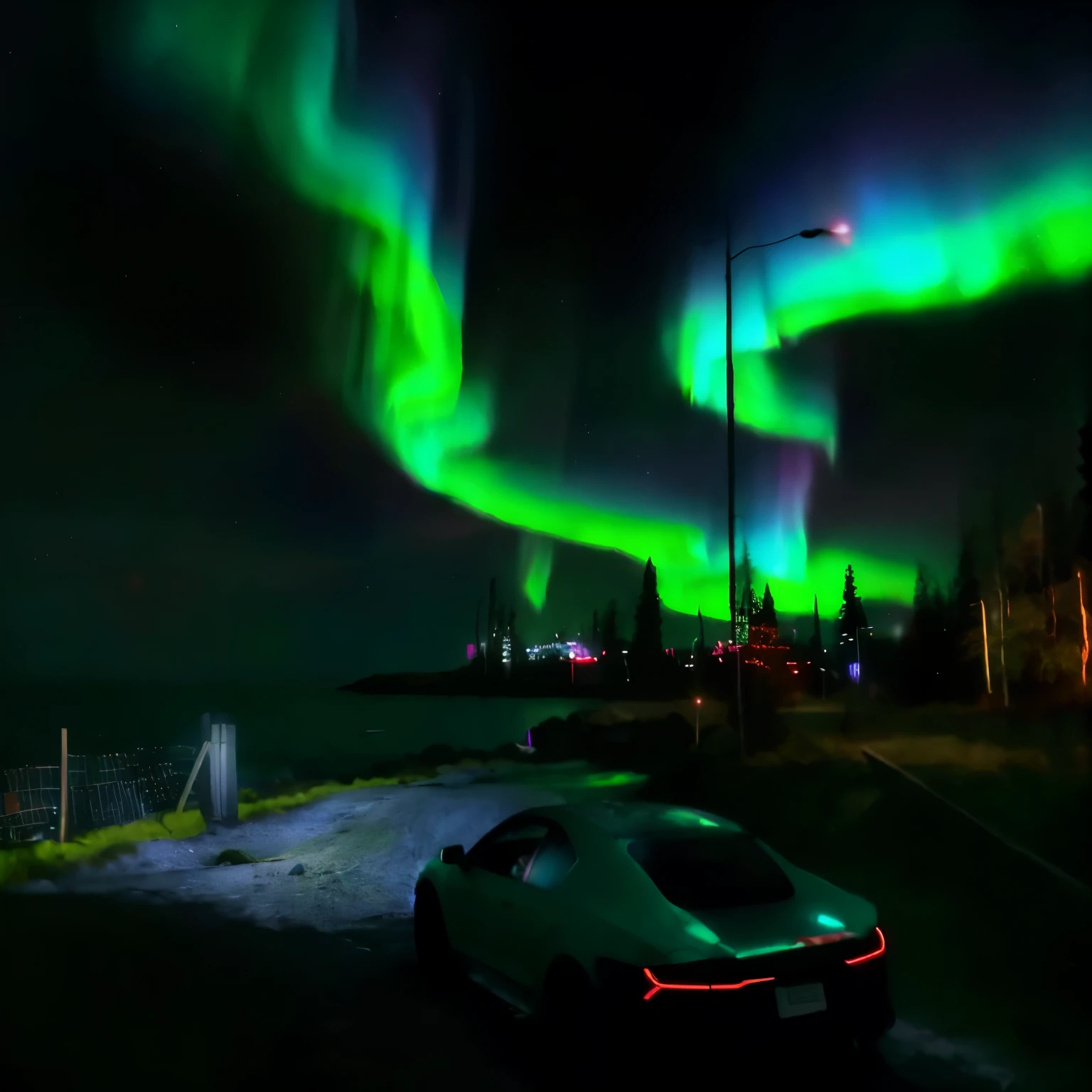 Close-up of a car driving on the road near a street light, Turn on RTX for stunning visual effects, Epic and shocking atmosphere, aurora borealis, Neon green lava street, beautiful cinematic light, 天空中出现aurora borealis, 注入aurora borealis, Nice screenshot, Magnificent background, stunning screenshot, movie night scene lighting, aurora borealis background