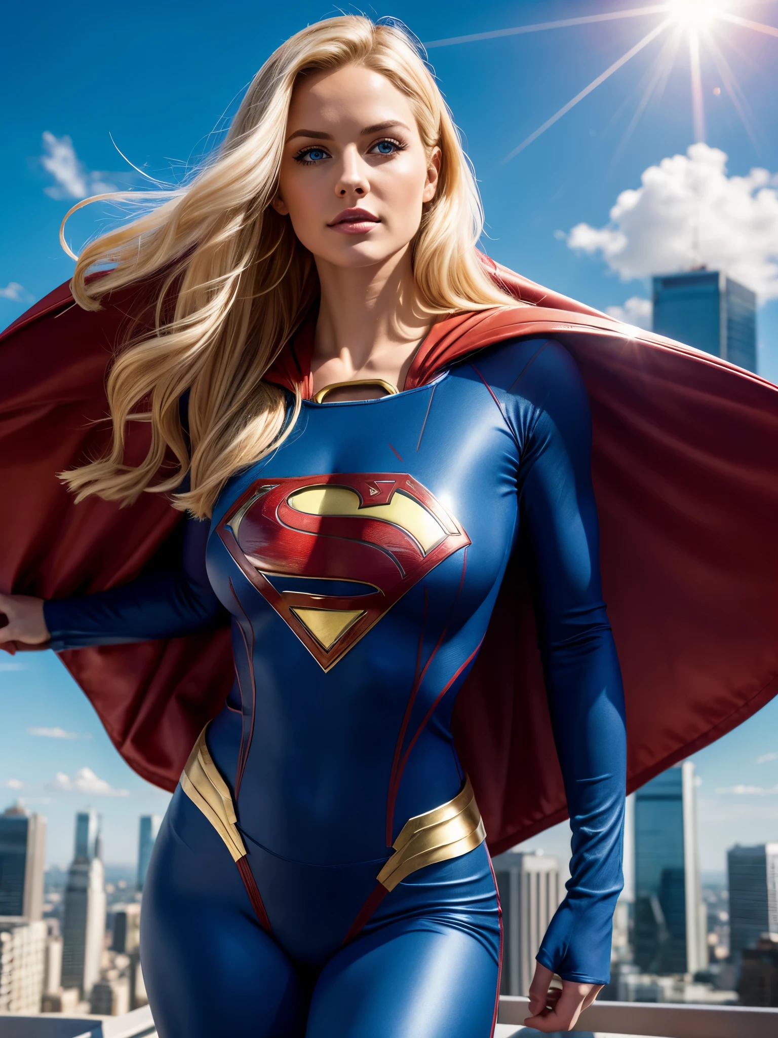 BOMBSHELL SUPERGIRL ( DC COMICS ), HUGE LONG BLONDE HAIR, PALE SKIN, BLUE EYES, ATHLETIC BODY, MUSCLES, BLUE BODYSUIT, LONG RED CAPE, FLYING OVER CITY, BLUE SKY, SUN, ACCURATE IMAGE, MASTERPIECE