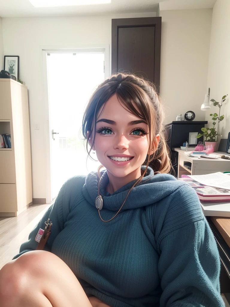 Best quality: 1.0), (Super High Resolution: 1.0), girl, short bl'rown hair,toothy smile, green eyes, wearing blue pull
