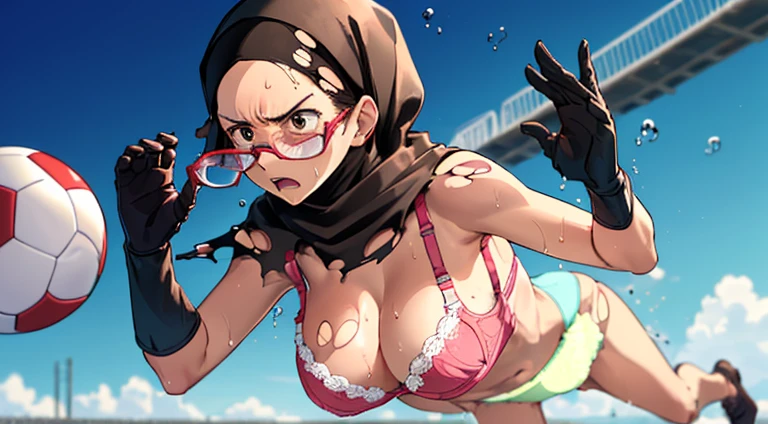 (((1woman))),(((solo woman))), Photo of a indonesian female teacher with saggy breasts, (((((diving))))) & (((catching the ball))) in the middle of(soccer field), 40yo,busty body, tall body, tanned skin, dimples, light, detailed face, embarrassed face, ((looking disgusted)), ((very angry)), (dissapointed), ((hands up)), Perfect breasts, big breasts, natural breasts, big nipples, G cup, (((brown hijab))),(((glasses))), (nude), (((torn_bra:1.2))), (((cotton panties))), (((goalkeeper gloves))), (sweat:1), (wet)