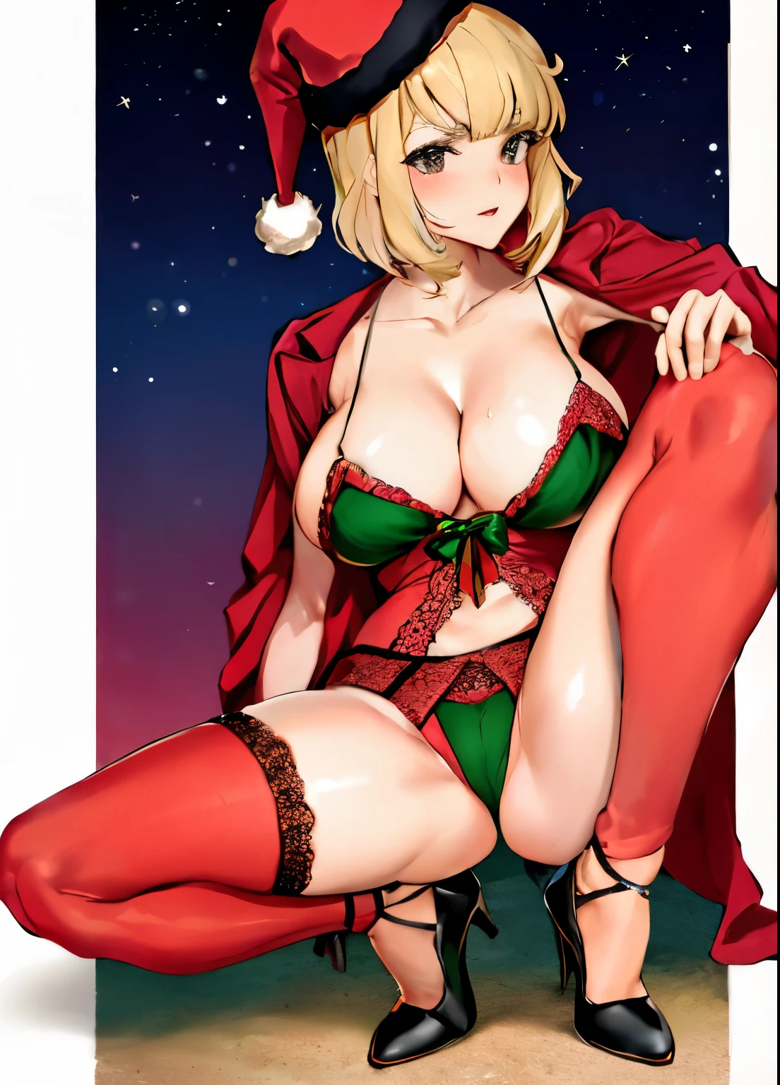 mujer rubia , pelo largo rubio , rubia , cuerpo completo , grandes tetas, gran trasero, voluptuoso, piernas abiertas , pose sexy , escote , Christmas hat , Christmas Clothes, nieve , christmas lingerie, christmas coat , christmas stockings , christmas heels