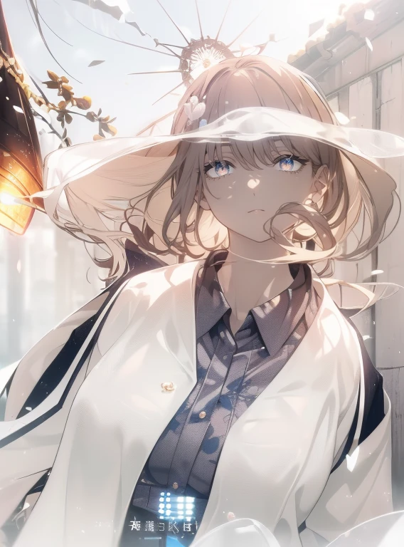 (tmasterpiece, Best quality, 超高分辨率), 1个Giant Breast Girl, Permanent, 校服, White office shirt, a black pleated skirt, ((Light brown, Light brown hair:0.7), Cut your hair long, pale-skinned, ((blue The eye)), glowing_The eye, neon The eye, (ultra detailed The eye, beautiful and detail face, detailed The eye), ((at centre)), ssmile, ((广角镜headacing to audience, Line of sight height, (blurry Background with, bright snowy Background with, Winterlatchest, looking at viewert, ((half closed The eye)), ((Perfect hands)), (((heads, arma, glute, elbows, in sight))), ((Place your hands behind your back)), empty The eye, beautiful light up, external, Outdoor activities, Background with, clear subject, 25 age old,