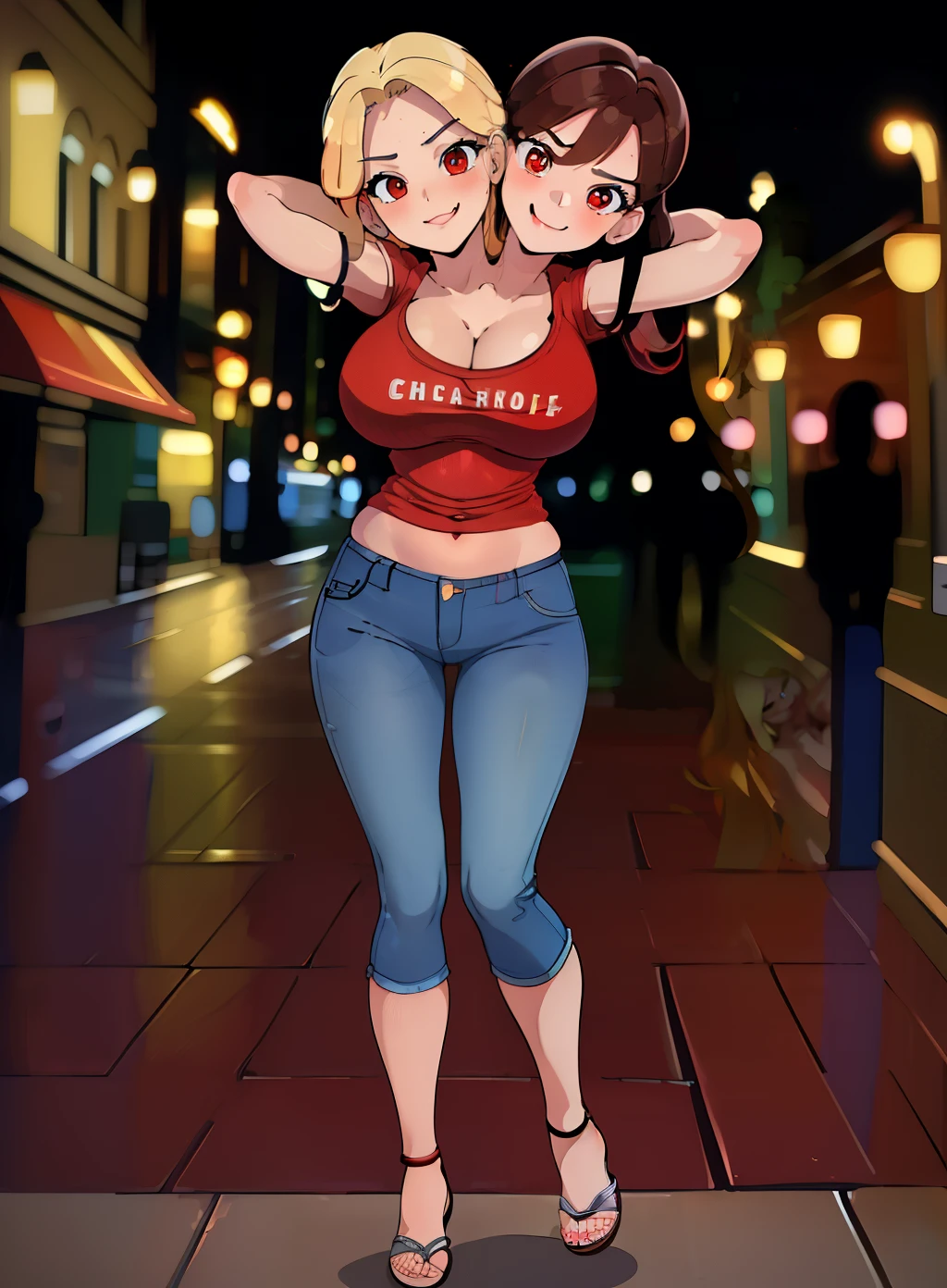 best quality, (masterpiece),(ultra-detailed), (high quality), (high resolution), (2heads:1.5) Gal, blonde hair, brown hair, medium breasts, thighs, cleavage, demin jeans, full body,best quality:1.5, highres, UHD, 4K), smiling, ((red t shirt)), sandals, jewelry ((night street background)), ((full body)), ((sexy pose)),((strong and seductive expressions)), petite figure