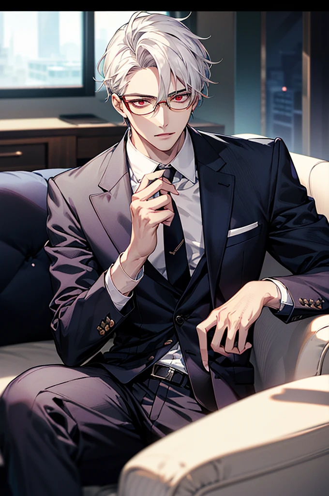 Depiction in motion、T hotel masterpiece,best qualtiy,1 male,As-,With short white hair,The shirt, seminude、anime handsome guy,Wearing a strict business suit, Dark suit, Handsome anime pose in suit and tie, Handsome stunning realistic,Red eyes、Adonis、Dressed in a suit、A detailed face、Classic、Arrogant man、Adults、top grade、Center division、Forehead、A sexy、Sit on a luxury sofa、eye glasses、(best qualtiy,8K,tmasterpiece)