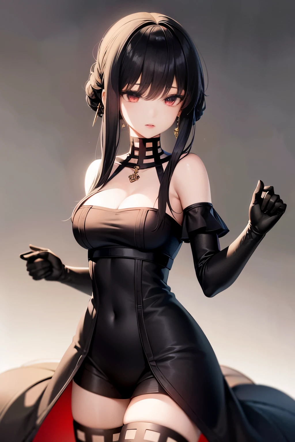 (Masterpiece:1.2, high quality), (pixiv:1.4), (1girl:1.2), (solo:1.2), (smooth:1.2), (Yor forger), (confident), slightly blushing, glossy lips, red eyes, black eyeshadow, pale white skin, black hair, bangs, bangs over eyes, collarbone, off-shoulder long frock, black clothing, slightly exposed cleavage, (medium breasts:1.2), (pov thighs), view feom below, looking away, slim waist, ultra detailed, soft lighting, high contrast, blur, highly focused face, (detailed face), intrinsic details, vivid colors, HD, 4k, artistic background, background wall with black and white stripes