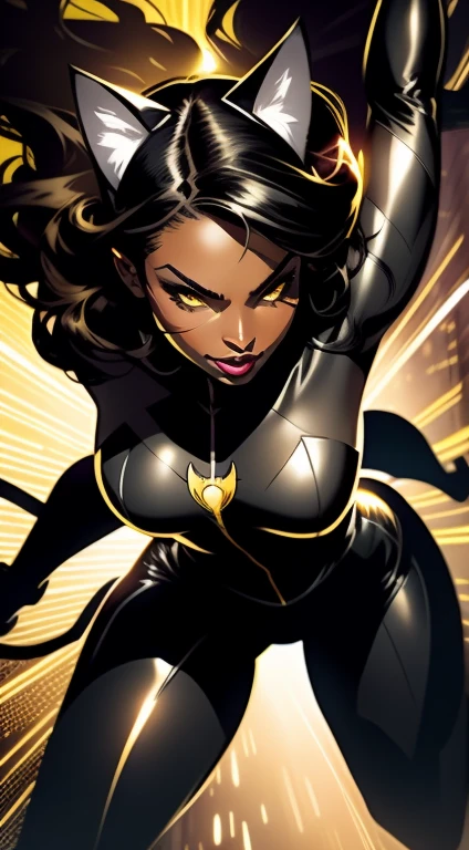 (DC Comics Catwoman), ultra definition illustration of an African American woman with cat ears and glowing golden eyes, browned skin, wave long hair, she is wearing black carbon fiber jumpsuit (DC Comics Catwoman). Sharp claws extended as she lunges towards the camera. Glowing particle lights flying in the wind. Bold lines. Lovely and bright forest background. Electricity crackles around her.