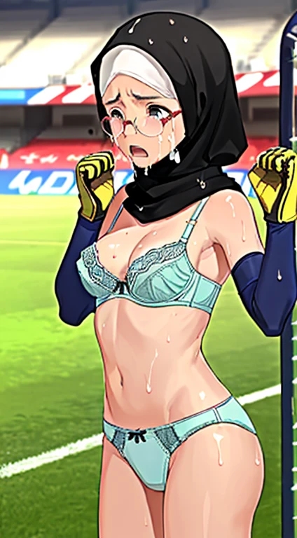 (((1woman))),(((solo woman))), Photo of a indonesian female with saggy breasts, (((keeping the goal))) in the middle of(soccer field), 20yo,petite, skinny, slender body, short body, tanned skin, dimples, light, detailed face, embarrassed face, ((looking sad)), ((crying)), (scream), (tears), ((hands raised up)), ((hands in front)), Perfect breasts, small breasts, natural breasts, big nipples, G cup, (((hijab))),(((glasses))), (nude), (((cotton bra))), (((cotton panties))), (((goalkeeper gloves))), (sweat:1), (wet)