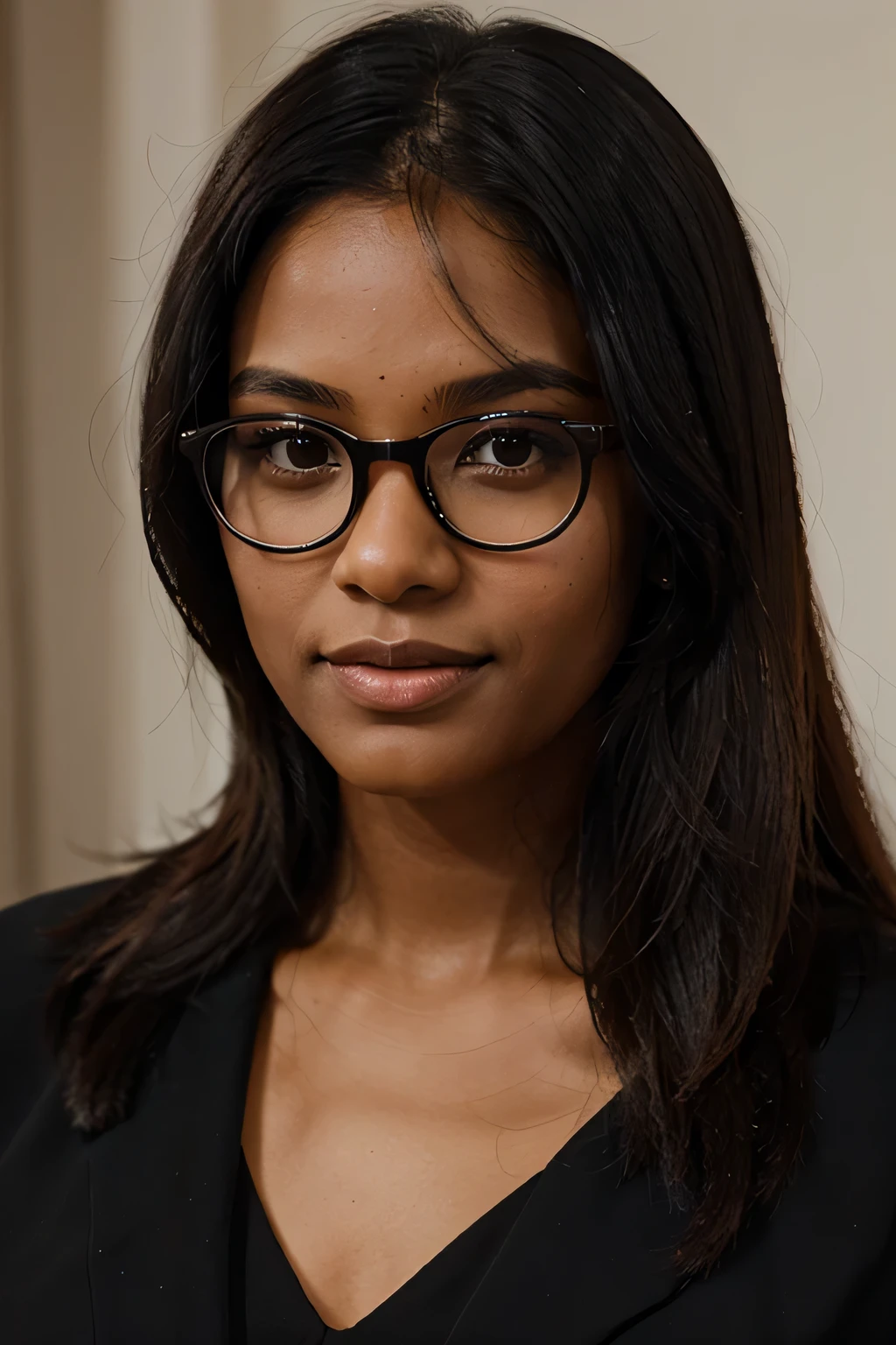 formal photo of a woman with olive skin and straight black hair wearing glasses