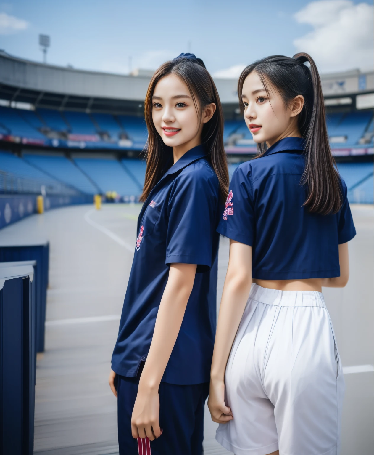 (bestquality,10,10,highres,masterpiece:1.2),ultra-detail,(Realistic,ภาพRealistic,photo-realistic:1.37),1 Cute girl in the football field,oily shiny skin,bara,light smile,BDclothelue shirt:1.3)),short sleeves,shirt, trousers.,(navy_long_ติดตามtrousers:1.1), ((Stadium Background:1.3)),dynamic angle,excited,face focus,Dynamic Poses,from behide,Ass Focus,masterpiece, bestquality, ultra realistic, hyper-detail, 8k resolution, RAW photo, crisp focus, ((Navy blue shirt:1.1)), short sleeves, เส้นทางlong, Complete bodyแบบ, 2 mature women, 18yo, cinematic light,trousersวอร์มสีน้ําเงิน,Gymware,Correct anatomy,Complete body, Correct body, sharp face, Correct bodyทางกายวิภาค, full entire body, Realistic gestures, long-haired, Realistic poses,Wear long shorts..............................,ช่วงขาlong,Shapely,Sculpting Girl, Slender Figure, mannequin mannequins, Shapely, Beautiful body,trousersวอร์มสีน้ําเงิน, Two girls kissing