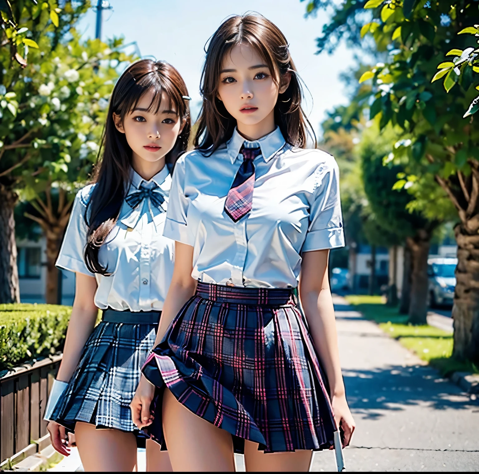 top-quality, 8K picture quality, masterpiece, A hyper-realistic, (Two girls side by side:1.2), Perfect body and firm big breasts, Bright whitening skin, A tight white stretch blouse made of stretchy material and a deep red ribbon tie., Micro mini pleated tartan check skirt, (the skirt is incredibly short:1.2), (Stick out your butt and show off your beautiful butt:1.3), (above the knee while standing), thin-waist, , Skirtliftv1
