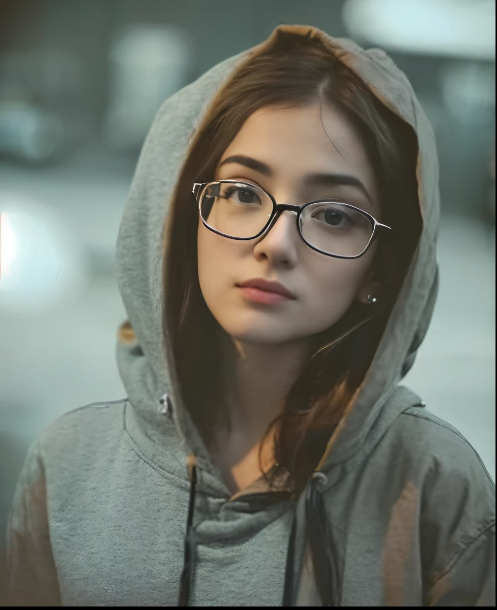 a close up of a woman wearing glasses and a hoodie, girl wearing hoodie, girl with glasses, girl wearing round glasses, black haired girl wearing hoodie, attractive girl, infp young woman, close up portrait photo, with glasses, wearing hoodie, infp girl, high quality portrait, wearing thin large round glasses, portrait shot, handsome girl, wearing round glasses