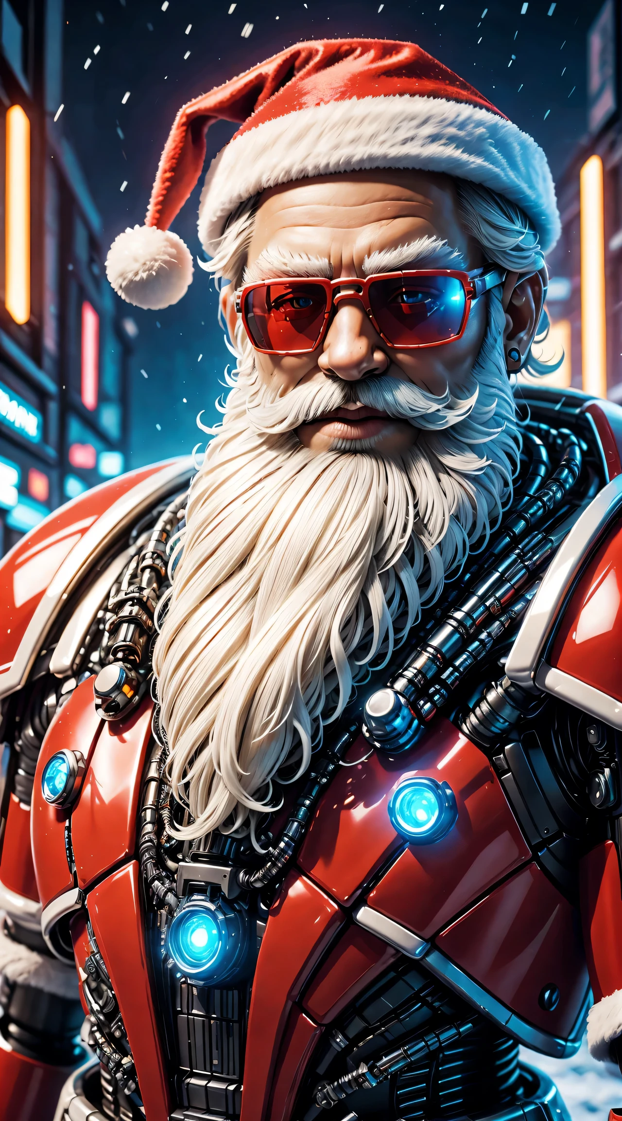 Warhammer 40K universe, cybernetic santa claus, Robotic arm with intricate details, Futuristic exoskeleton suit, Glowing red sunglasses, put on santa hat,Metal beard and hair, Neon lights light up the night sky, Pixelated snowflakes falling, ultra - detailed, A high resolution, HighDynamicRange, physically-based renderingt, sci-fy, vibrant with colors, futuristic lighting,(Best quality,4K,8K,A high resolution,tmasterpiece:1.2),ultra - detailed,(actual,photoactual,photo-actual:1.37).