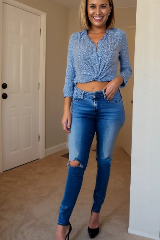 tall thin attractive blonde woman with long legs, blue eyes, messy bob hair, wavy shoulder length hair, tight white blouse and skinny jeans, black high heel pumps, ((show heels)), inviting smile, (peeing self), ((shins wet with pee)), ((jeans gleaming wet with pee)), standing in puddle of pee, (((pee pouring from crotch of jeans))), standing in an office