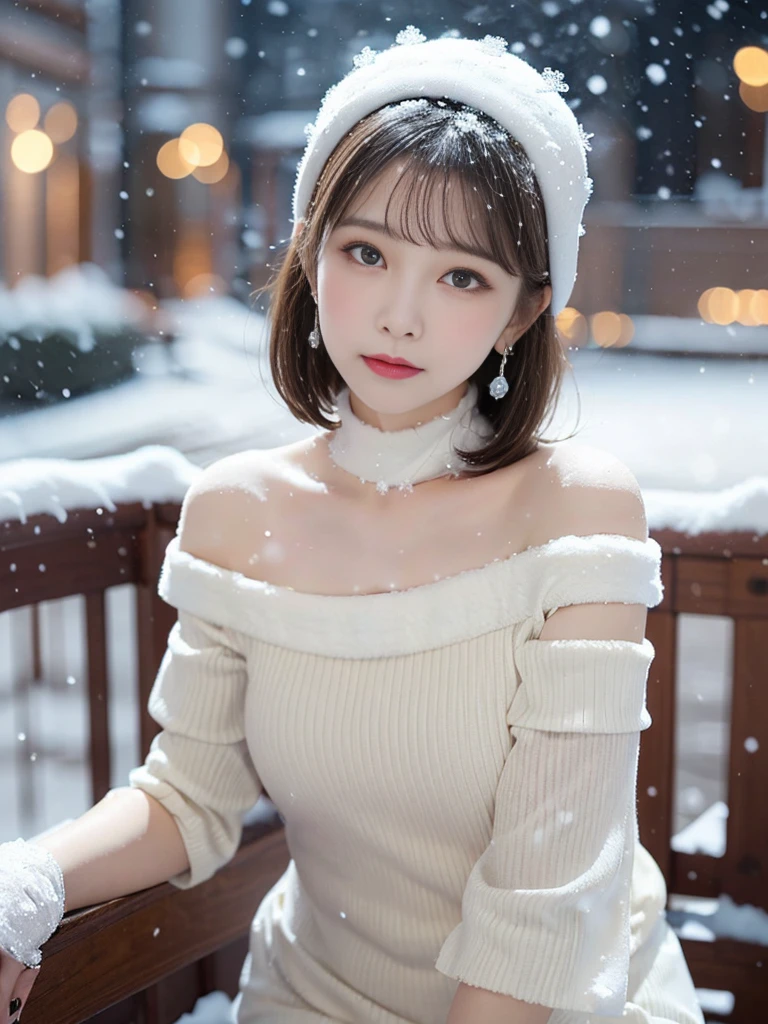 (masutepiece, Best Quality, 1girl in, Solo, Fine detail, chromatic abberation), Realistic, (Medium Breath), Short hair, White hair, Silver Highlights, Hair above one eye, Silver eyes, (white theme:1.3), (white fluffy night cap:1.3), (white fluffy striped dress, off-shoulder, puff-sleeves:1.5), (white flower choker), (earrings with snowflake motif), BREAK (snowing:1.5), starry night, winter sky, snowflake, (bokeh:0.9), blurry,Jump