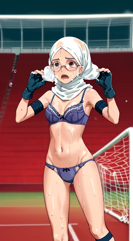 (((1woman))),(((solo woman))), Photo of a indonesian female with saggy breasts, (((((diving))))) & (((catching the ball))) in the middle of(soccer field), 20yo,petite, skinny, slender body, short body, tanned skin, dimples, light, detailed face, embarrassed face, ((looking sad)), ((crying)), (scream), (tears), (((hands up))), Perfect breasts, small breasts, natural breasts, big nipples, A cup, (((hijab))),(((glasses))), (nude), (((cotton bra))), (((cotton panties))), (((goalkeeper gloves))), (sweat:1), (wet)