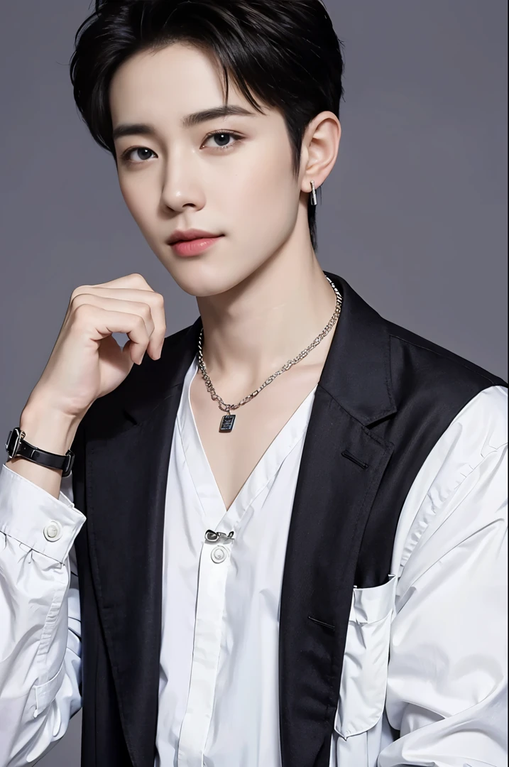 ((Best Quality, 8K, masterpiece: 1.3))、Cool Korean man, 120 year old man、Korean style long hair、Sturdy face、Handsome nose、Detailed eyes and face、Beautiful lighting、(studio)、High Resolution、 (visible to the audience)、mouth details、Thin Mouth、,Sorrisos、whole body: 1.5, perfect body figure: 1.picture of both shoulders:1.3, Wearing a White T-shirt and a casual Black coat:1.5, Accessories : (men's earrings, necklaces, men's rings, men's watches)