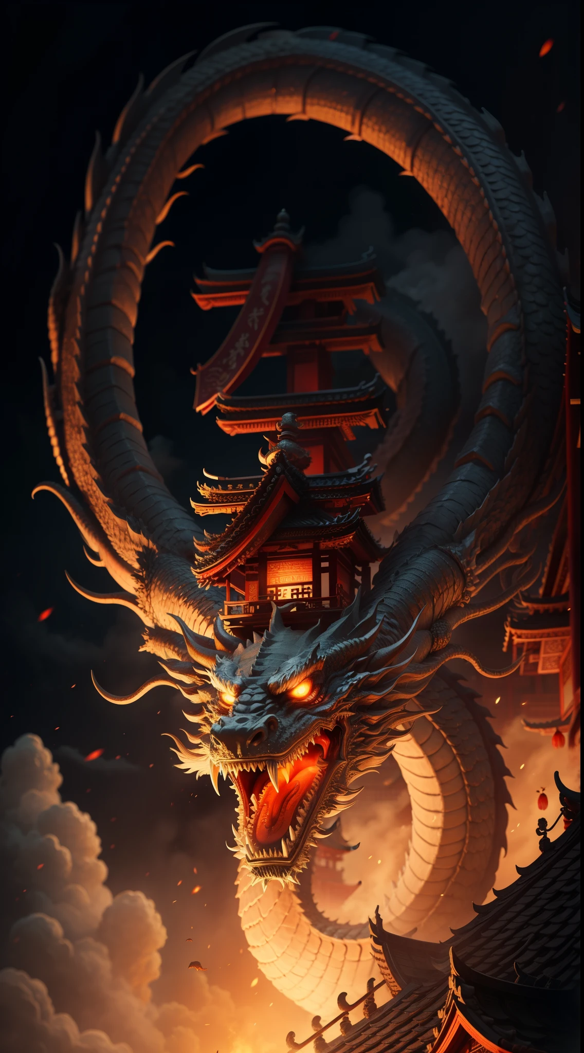 The flying dragon hovers over the Chinese-style building,kinako,totem,tmasterpiece,Intricate patterns on buildingest quality at best,ultra - detailed。
