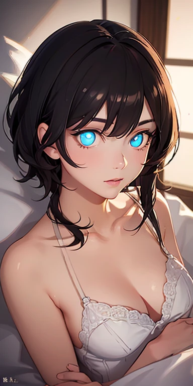 baby face, small breasts, short black hair,messy hair, (photorealistic:1.4), (masterpiece, sidelights, exquisite beautiful eyes: 1.5), masterpiece*portrait, realistic, 3D face,kawaii face,from above: 1.5、 (glowing eyes:1.5),(tareme:1.5)、Rosy Mouth,Slim Body, shiny hair, shiny oil skin: 1.5、large breasts:1.3,solo,(lying on the bed)、(babydoll)、(charactor focus:1.5、portrait)、cowboy shot,in bed