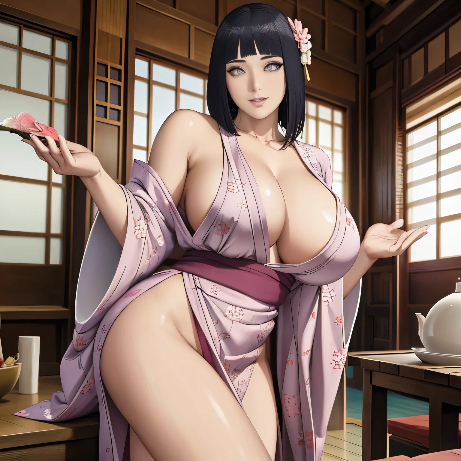 Masterpiece, best quality photo, 32K HDR resolution, 1Woman, beautiful woman, wearing luxurious kimono, Tight Kimono, , Gigantic breast, Beautiful leg, at wedding ceremony, happy expression, showing her legs, looking viewer.