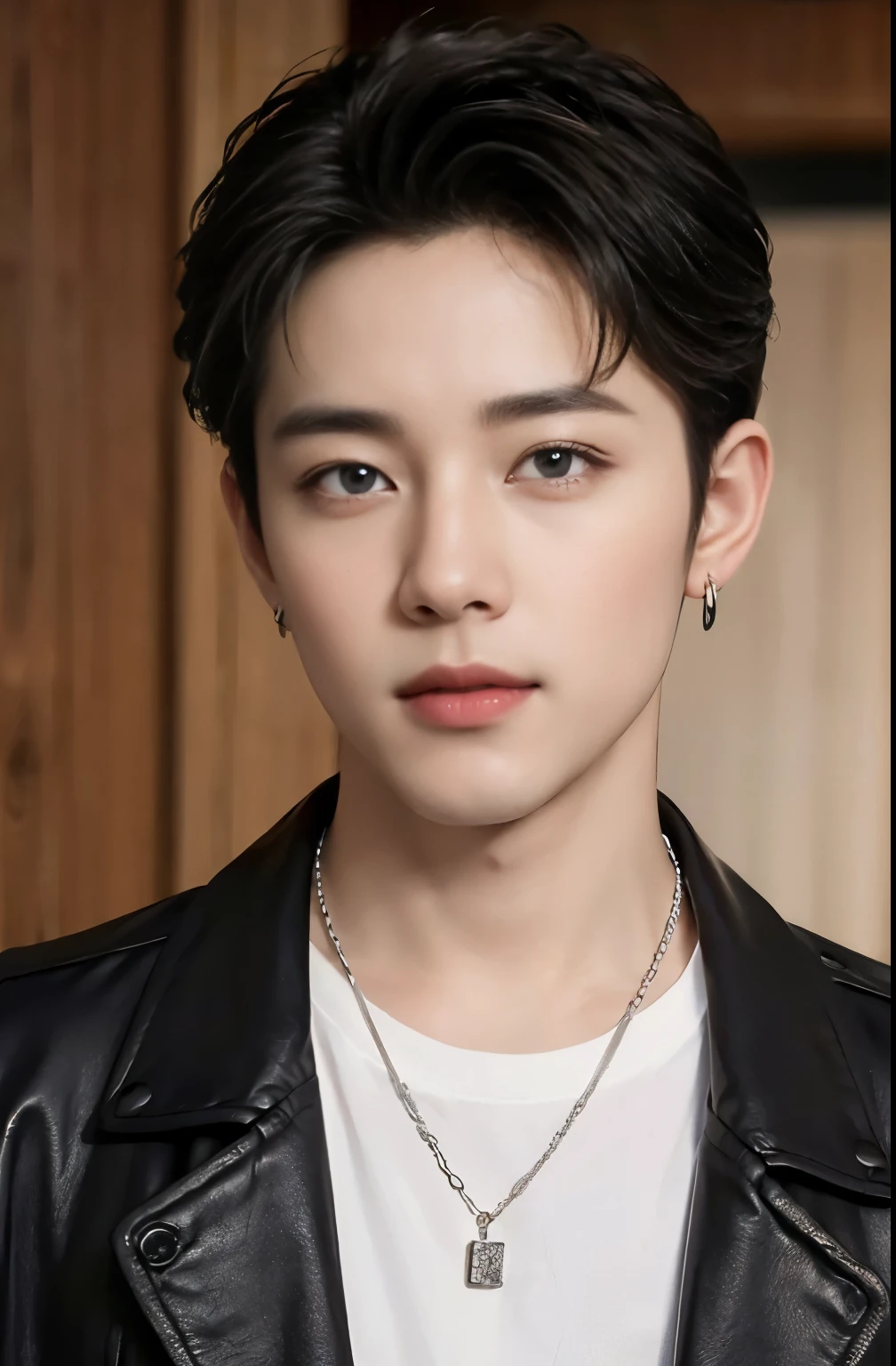 ((Best Quality, 8K, masterpiece: 1.3))、Cool Korean man, 120 year old man、Korean style long hair、Sturdy face、Handsome nose、Detailed eyes and face、Beautiful lighting、(studio)、High Resolution、 (visible to the audience)、mouth details、Thin Mouth、,Sorrisos、whole body: 1.5, perfect body figure: 1.picture of both shoulders:1.3, Wearing a White T-shirt and a casual Black coat:1.5, Accessories : (men's earrings, necklaces, men's rings, men's watches)